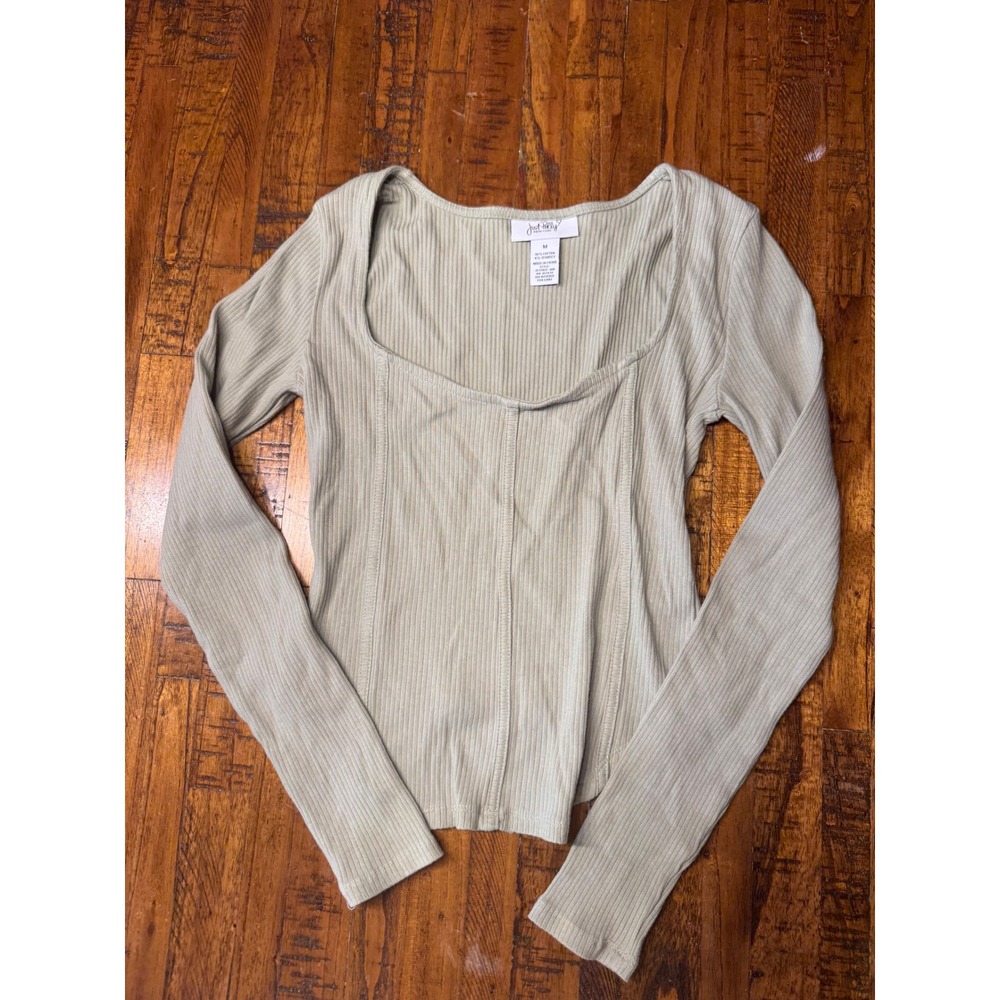 Just Polly New York Sage Green Ribbed Corset Seam Long Sleeve Top JK11025-MA M